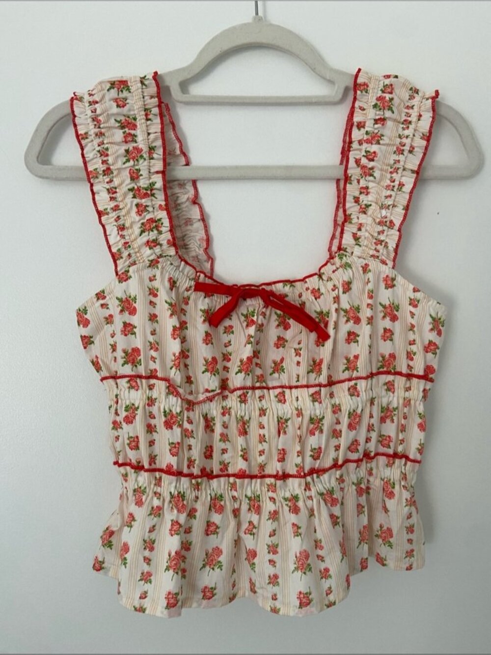Floral Ruffle Tank Top - Cream with Red Roses